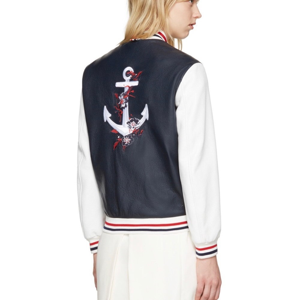 NEW Thom Browne leather varsity jacket